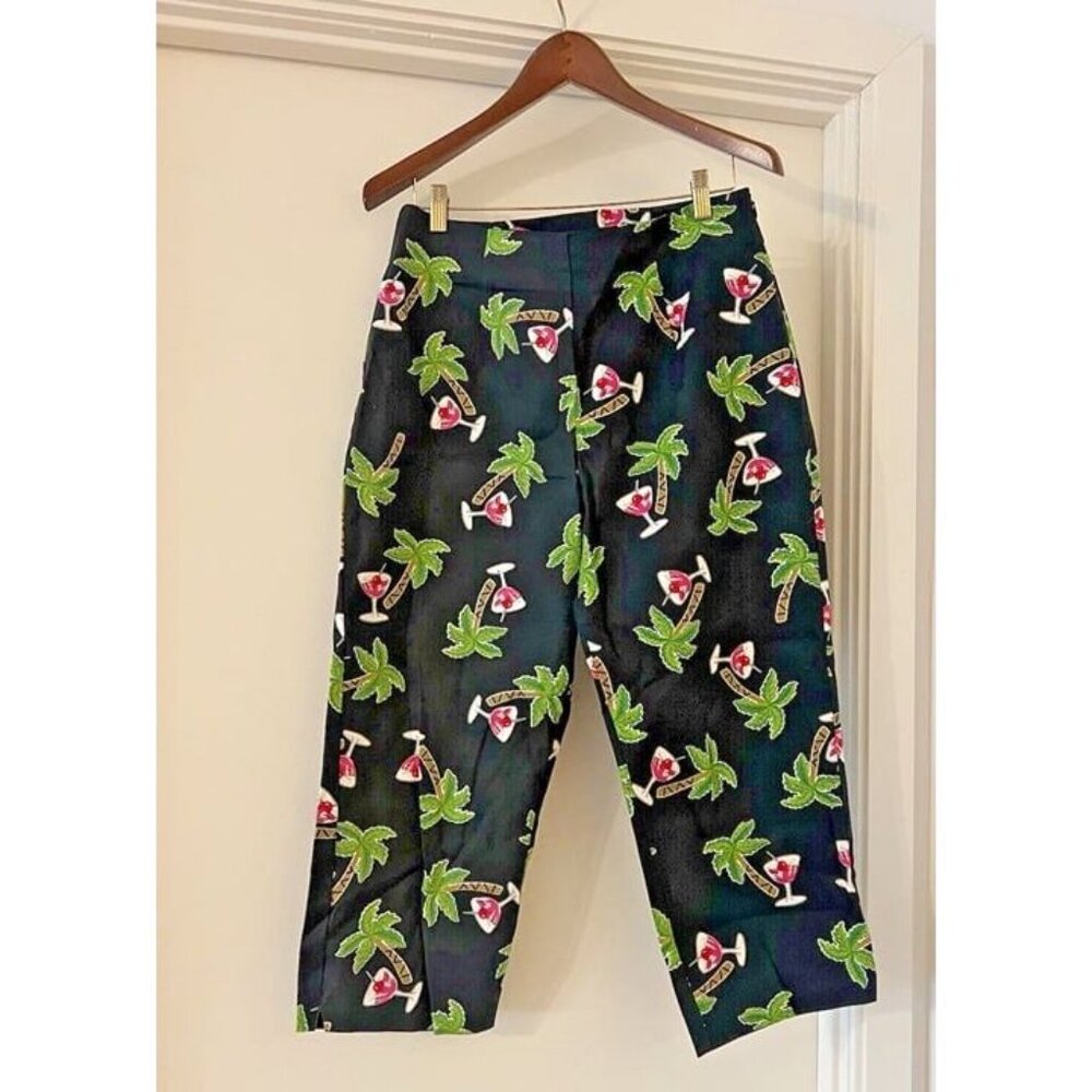 Sz 12 Woman BRIGGS Tropical Cocktail Palm Tree Black Capri Pants Vacation Island
